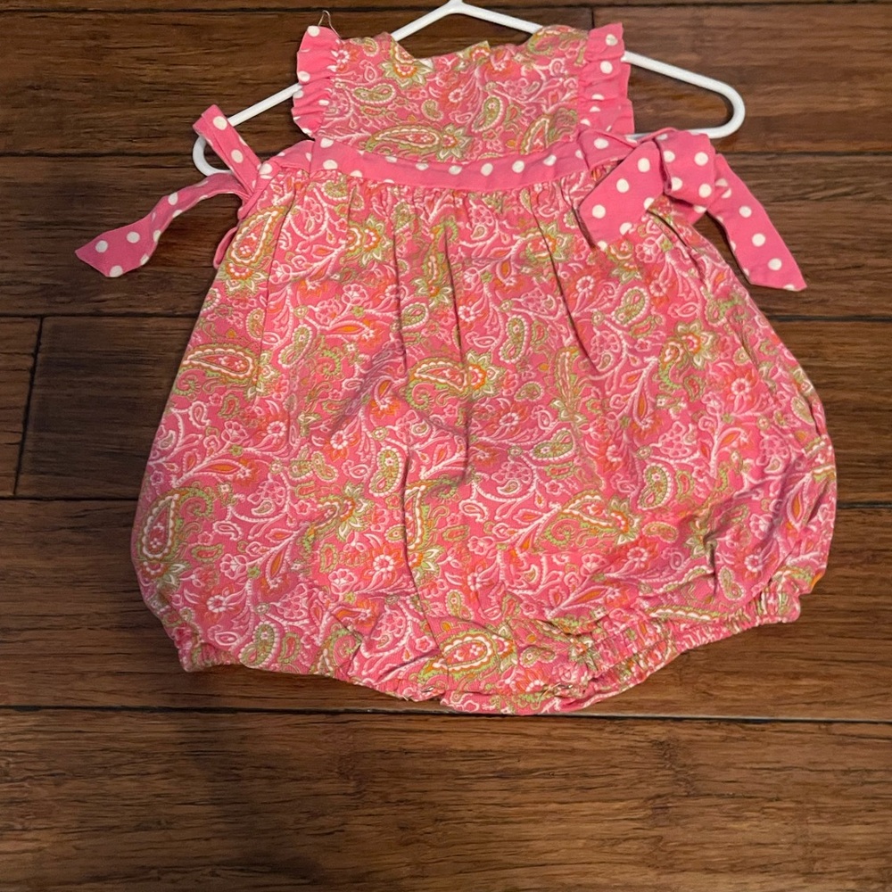 Peaches N Cream Pink and Green Cord Paisley Bodysuit with Ruffle Neckline